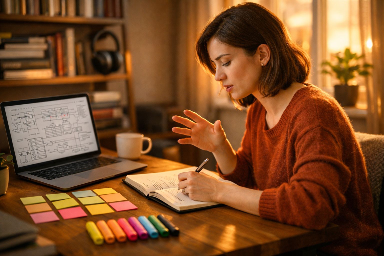 Mulher a estudar em casa, a escrever num caderno com laptop aberto com esquemas na mesa.