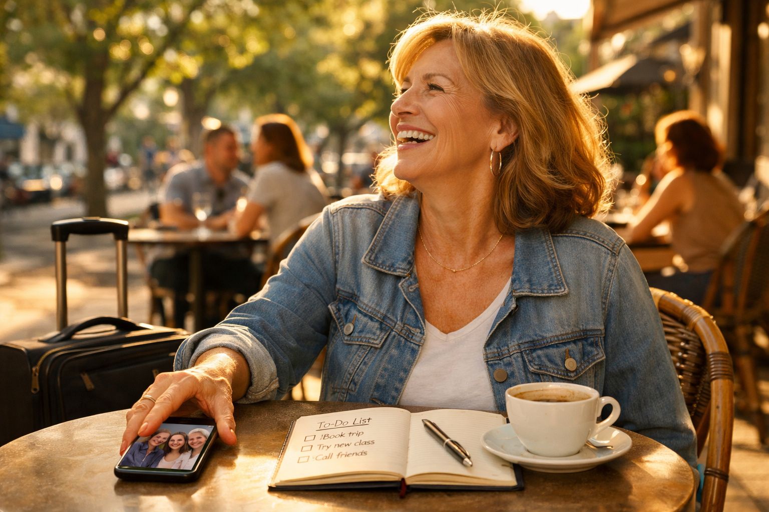 Mulher sorridente sentada numa esplanada com mochila, caderno aberto e café à sua frente.