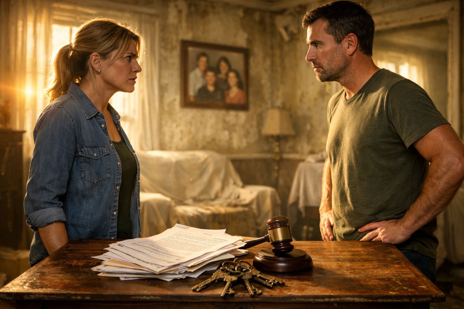 Mulher e homem discutem em frente a mesa com papéis, martelo de juiz e chave, em sala antiga e iluminada.