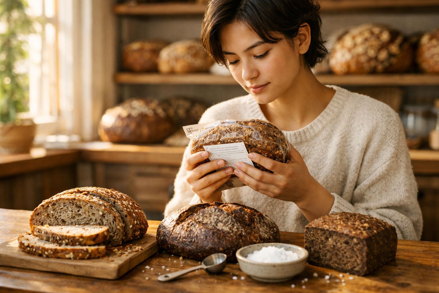 Pessoa a segurar e ler o rótulo de um pão caseiro num ambiente acolhedor de padaria artesanal.