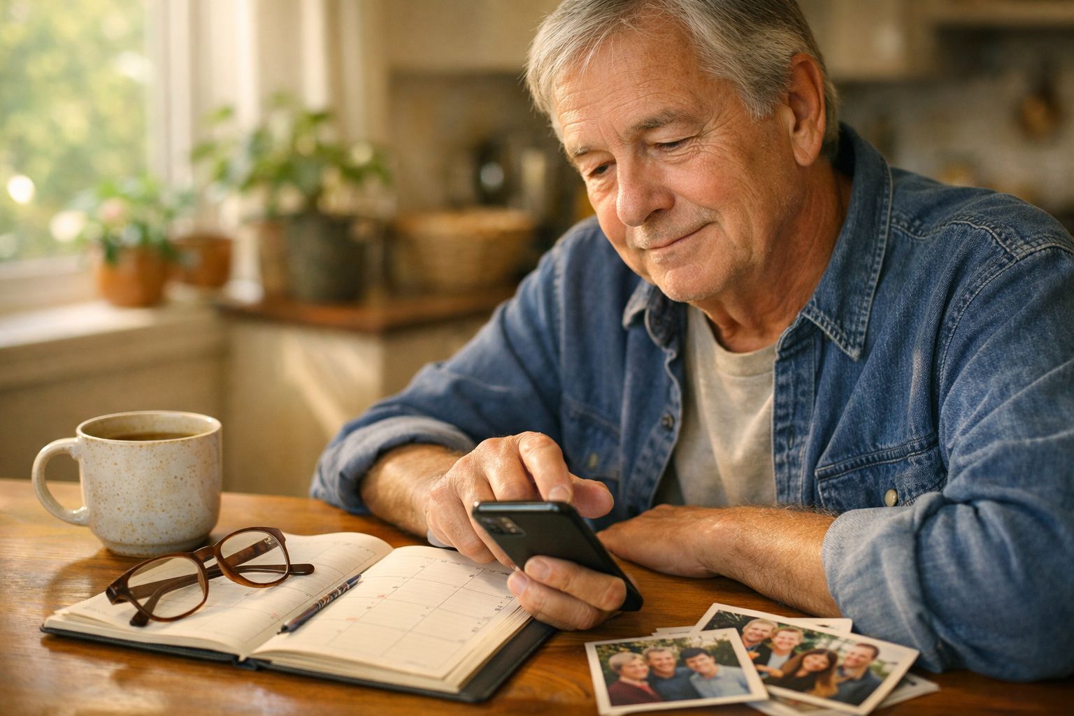 Homem sénior sentado à mesa, a usar telemóvel, com agenda, óculos e café à sua frente.