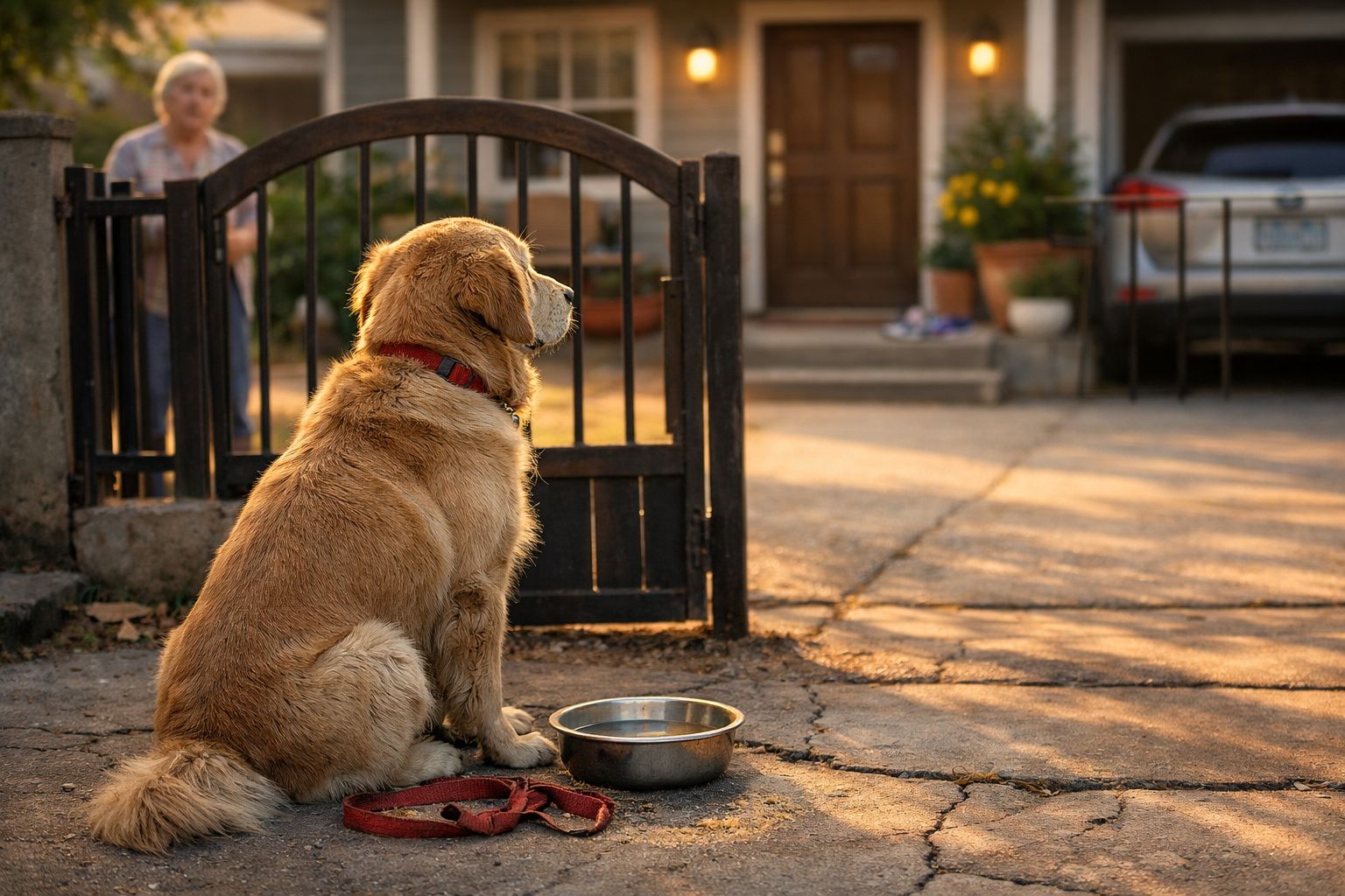 Cão castanho senta-se junto a portão aberto e comedouro de água numa entrada de casa ao por do sol.