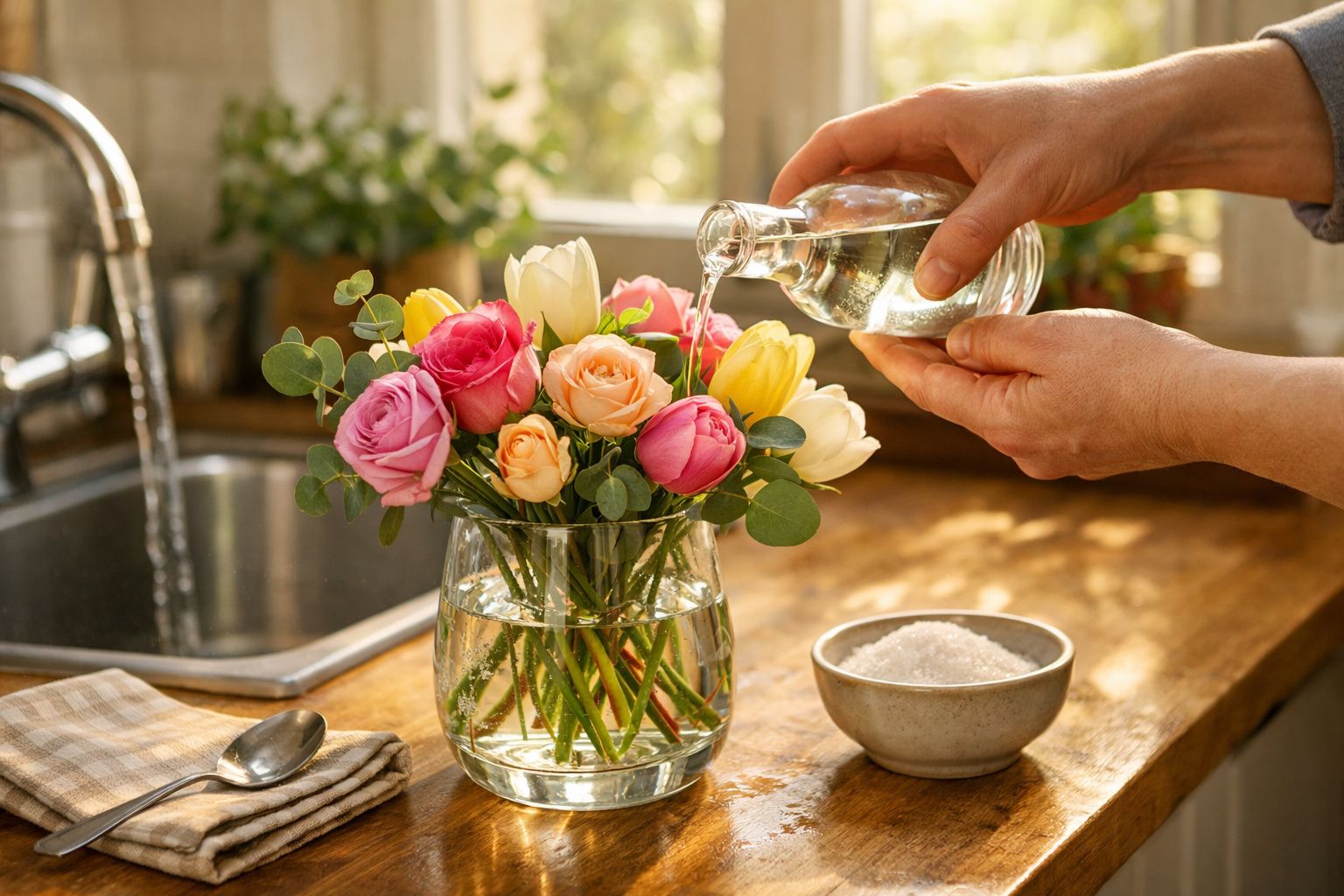 Mãos a adicionar água num jarro com flores coloridas numa bancada de cozinha com pia e utensílios.