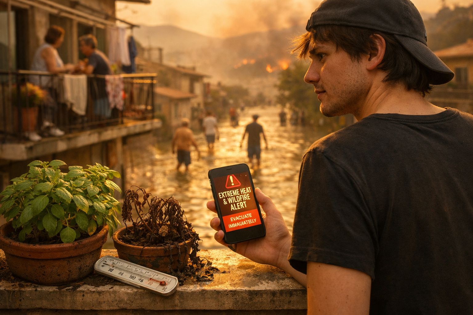 Homem mostra alerta de calor extremo e incêndio no telemóvel com pessoas a fugir da água e fogo ao fundo.