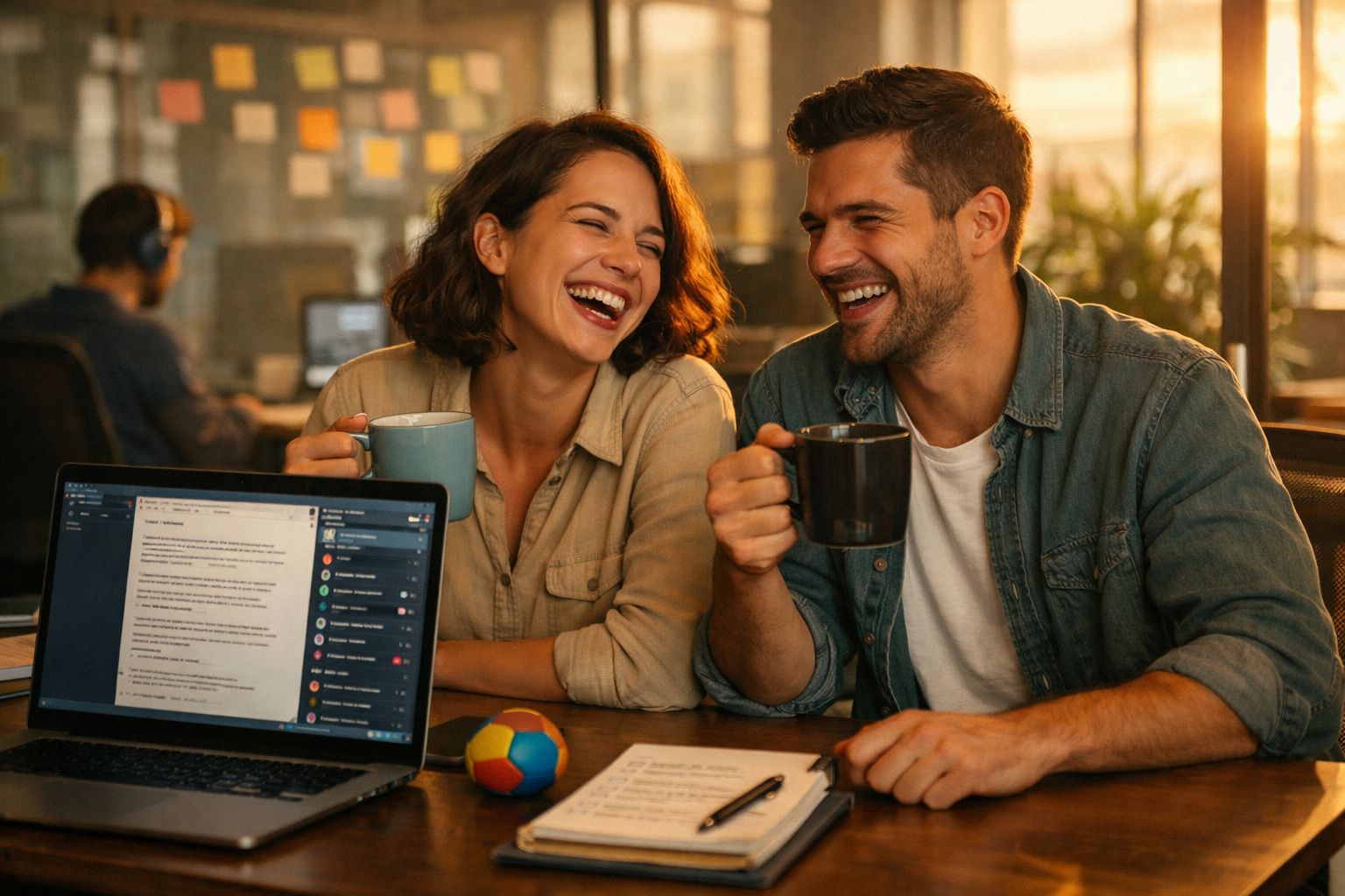Casal sorridente a beber café junto a computador e documentos num ambiente de trabalho descontraído.