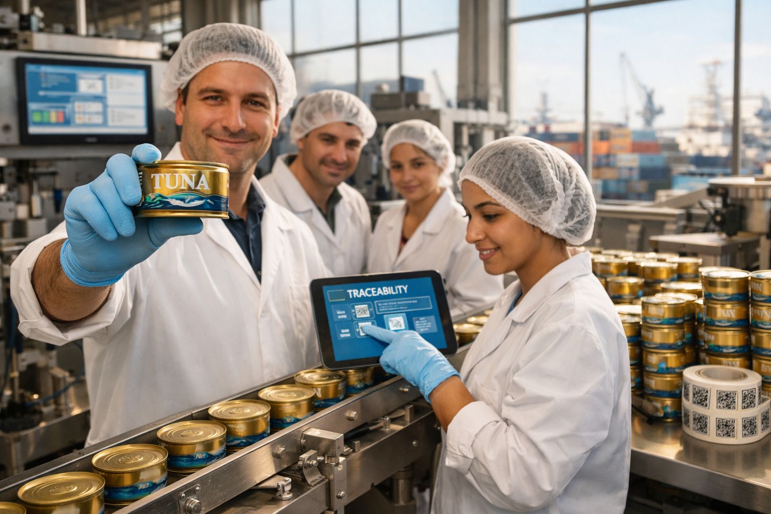 Trabalhadores numa fábrica de enlatados mostram uma lata de atum e verificam a rastreabilidade dos produtos.