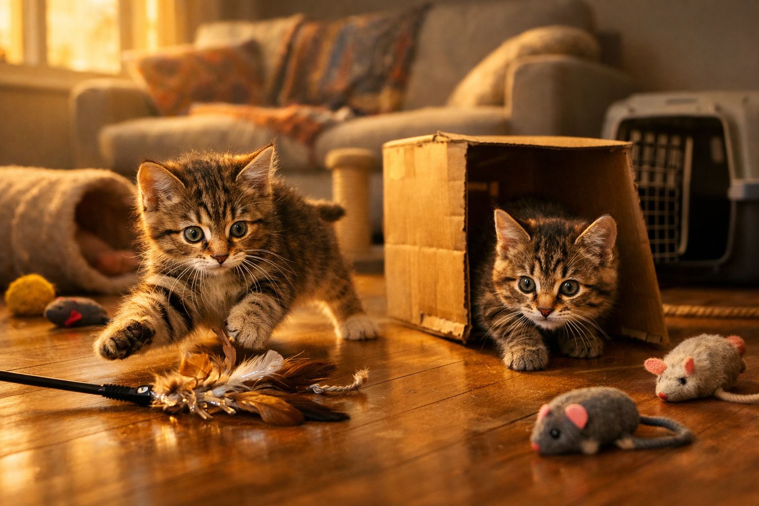 Dois gatinhos brincam num chão de madeira com brinquedos de penas e ratinhos de peluche numa sala acolhedora.