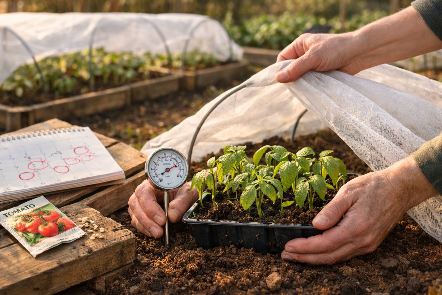 Mãos a medir a temperatura do solo junto a plantas jovens de tomateiras em ambiente de estufa com rede protetora.