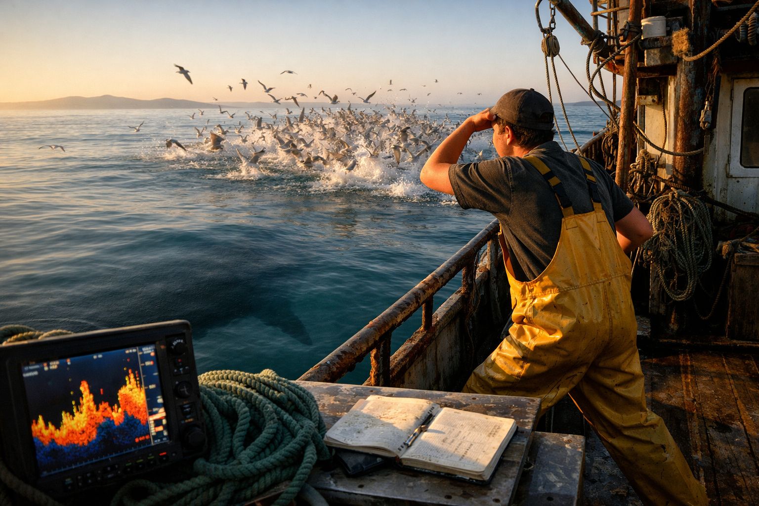 Pescador em barco observa aves e sombra de tubarão no mar ao entardecer.