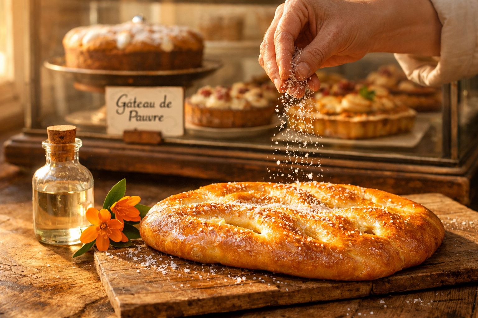 Pão doce tradicional com açúcar a ser polvilhado por uma mão em bancada de madeira com decoração e garrafa.