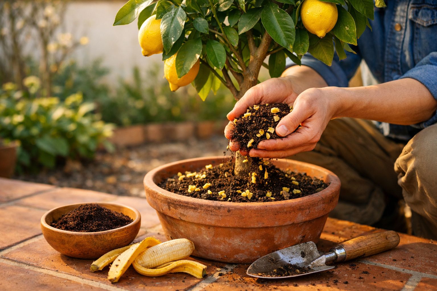 Mãos a adicionar composto orgânico em vaso com limoeiro, com cascas de banana e pequena pá de jardim.