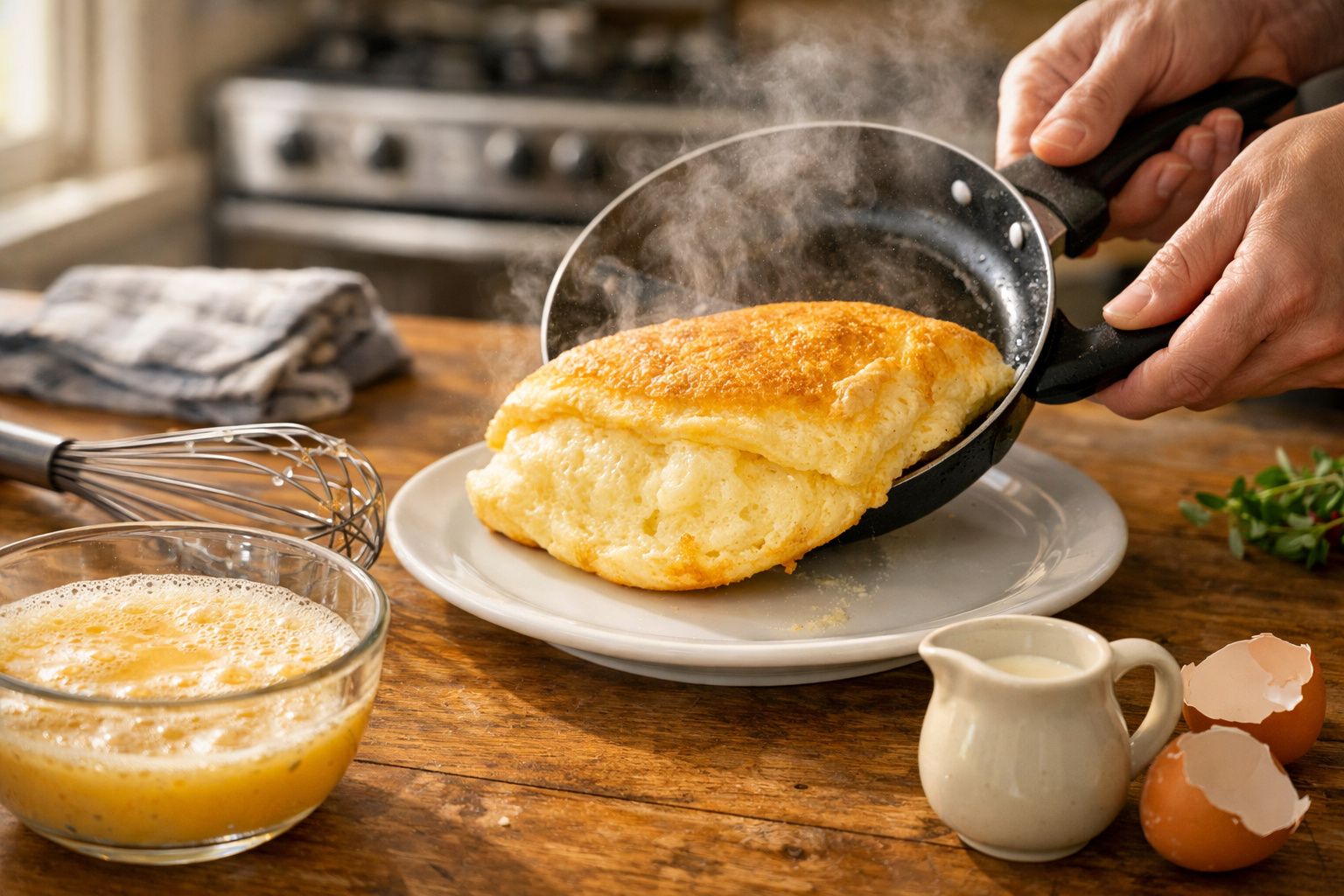 Omelete fofo acabado de fazer a ser colocado num prato, com chávena de ovos batidos e cascas na mesa de madeira.