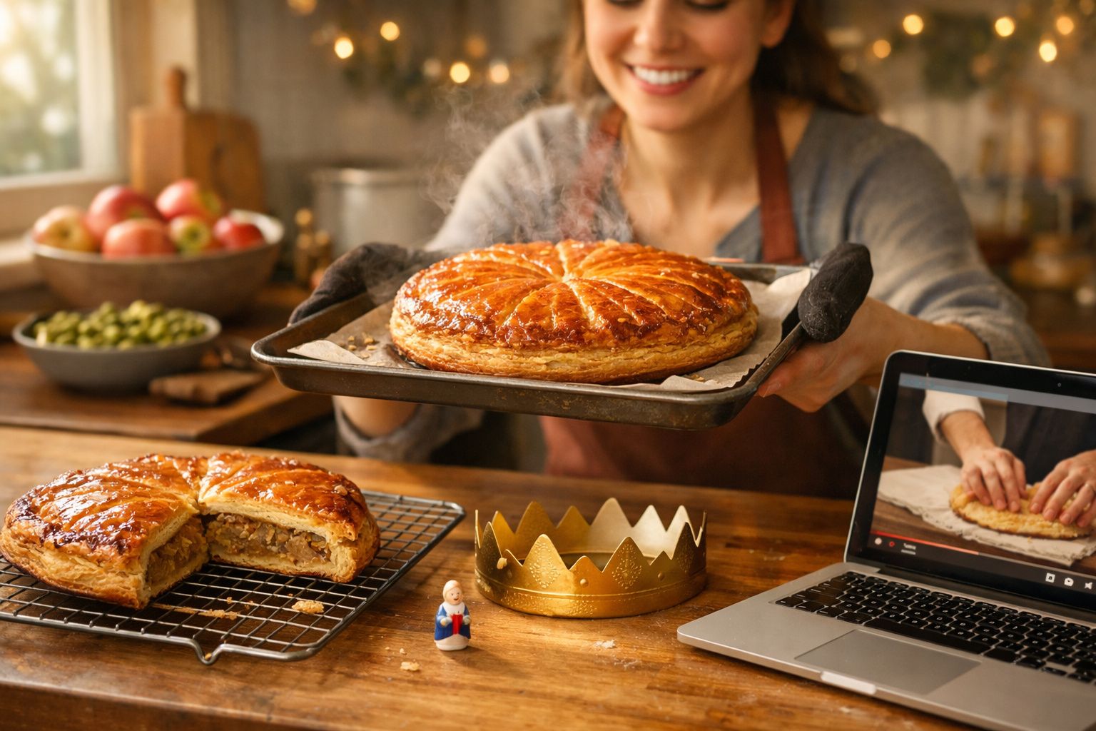 Pessoa a segurar tabuleiro com bolo folhado quente, outro bolo cortado e coroa dourada numa cozinha acolhedora.