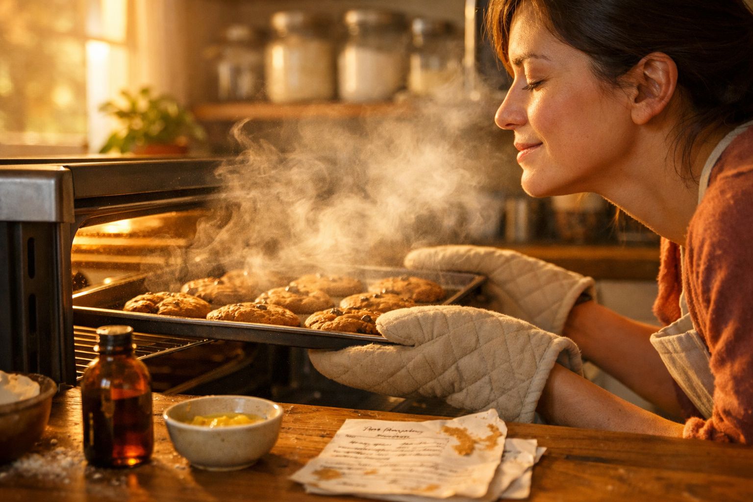 Mulher a retirar do forno uma travessa com biscoitos quentes, cheirando-os satisfeita na cozinha.