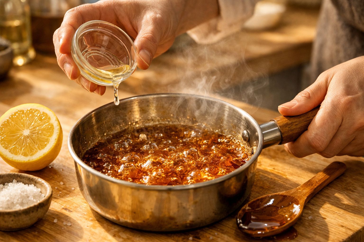Mãos a verter líquido para panela com molho a ferver, limão cortado e sal numa mesa de madeira.