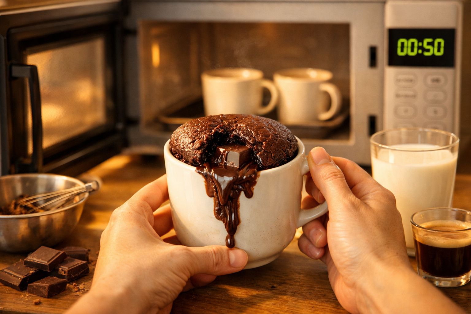 Bolo de chocolate quente numa chávena, derretendo com pedaço de chocolate no meio, mãos a segurá-la.