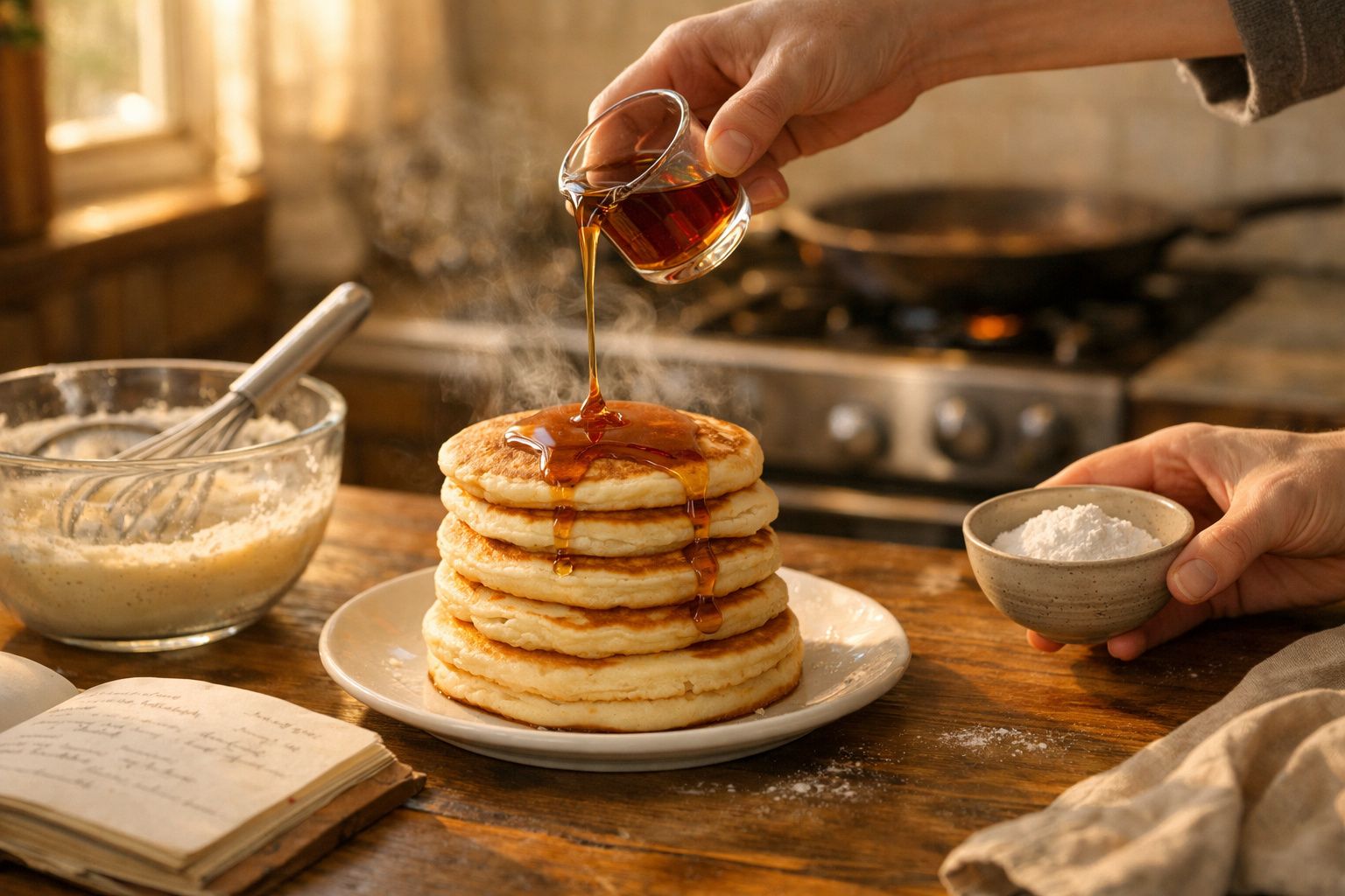 Pilhas de panquecas quentes com xarope a ser derramado numa cozinha acolhedora e rústica.