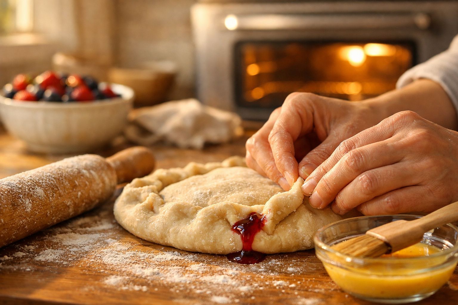 Mãos a fechar uma tarte caseira com recheio de frutos vermelhos numa bancada de madeira com utensílios de cozinha.