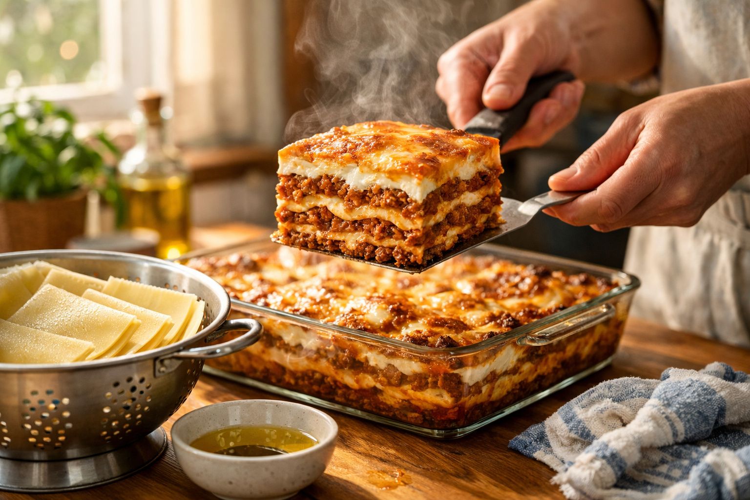 Fatia fumegante de lasanha com carne e queijo a ser servida de travessa de vidro na cozinha.