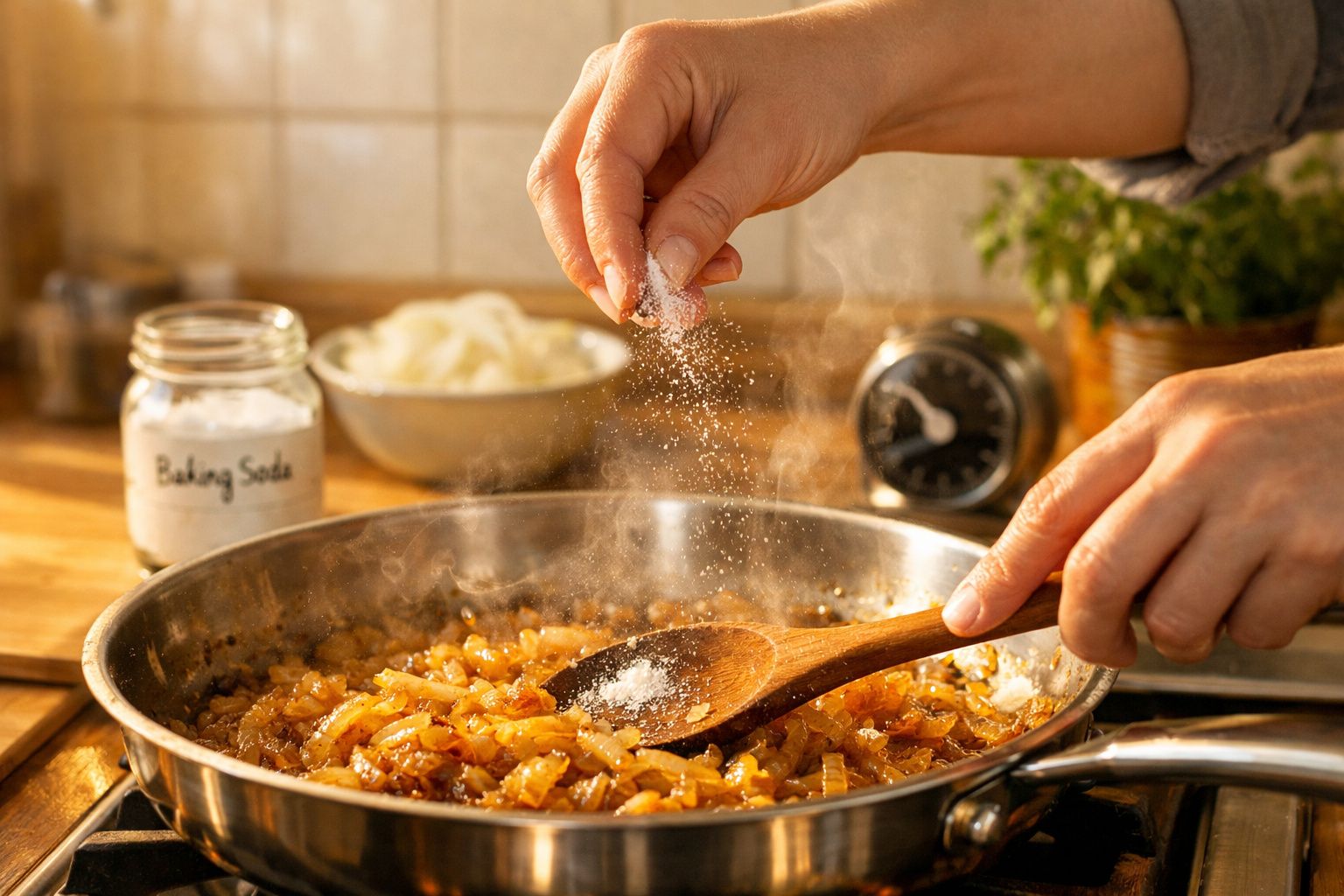 Mãos a temperar cebola dourada a cozinhar numa frigideira com bicarbonato de sódio ao lado.