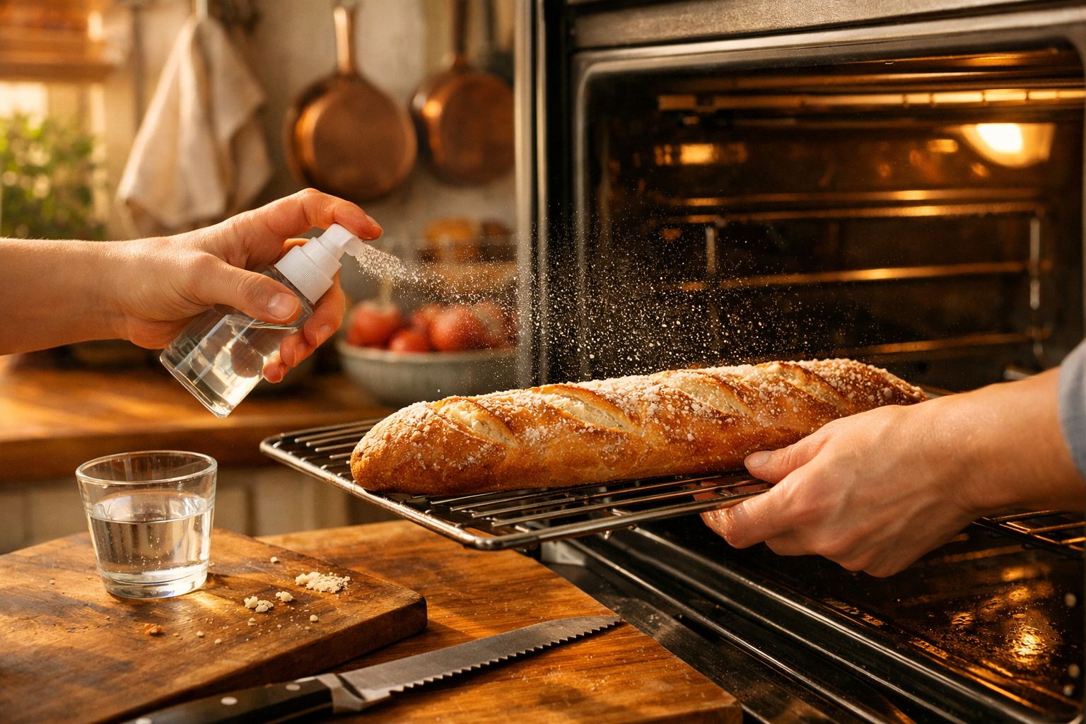 Pessoa pulveriza água numa baguete quente acabada de sair do forno numa cozinha acolhedora.