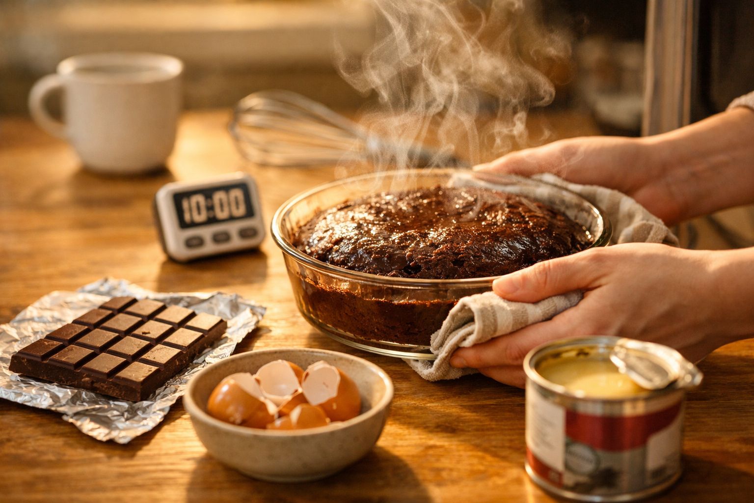 Bolo de chocolate fumegante acabado de sair do forno com ingredientes à volta numa bancada de madeira.