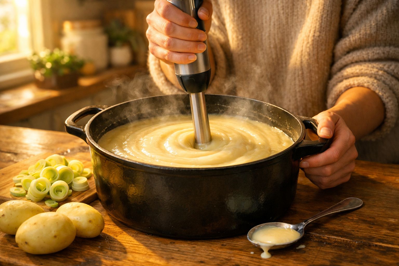 Pessoa a preparar puré de batata com varinha mágica num tacho preto, com ingredientes ao lado numa cozinha iluminada.
