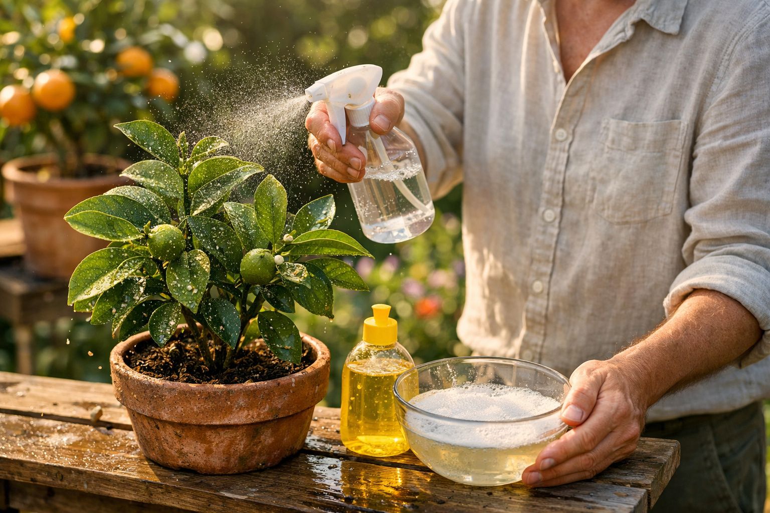 Pessoa a pulverizar planta em vaso com mistura de água e sabão para controlo de pragas.