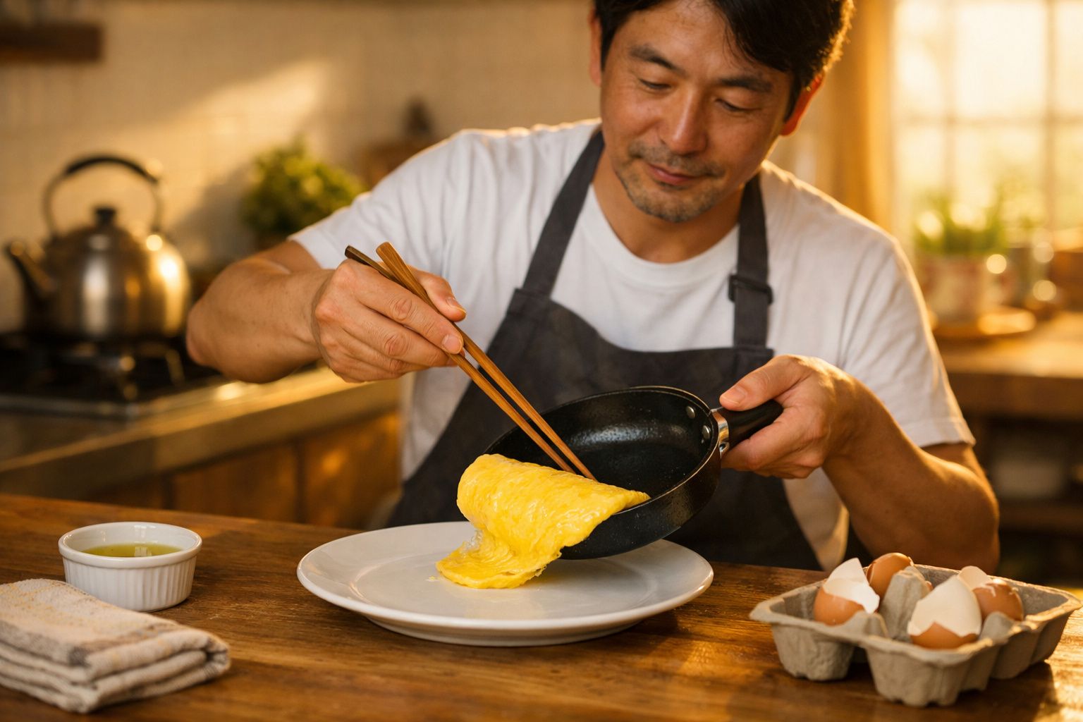 Homem asiático a cozinhar uma omelete e a transferi-la da frigideira para um prato numa cozinha iluminada.