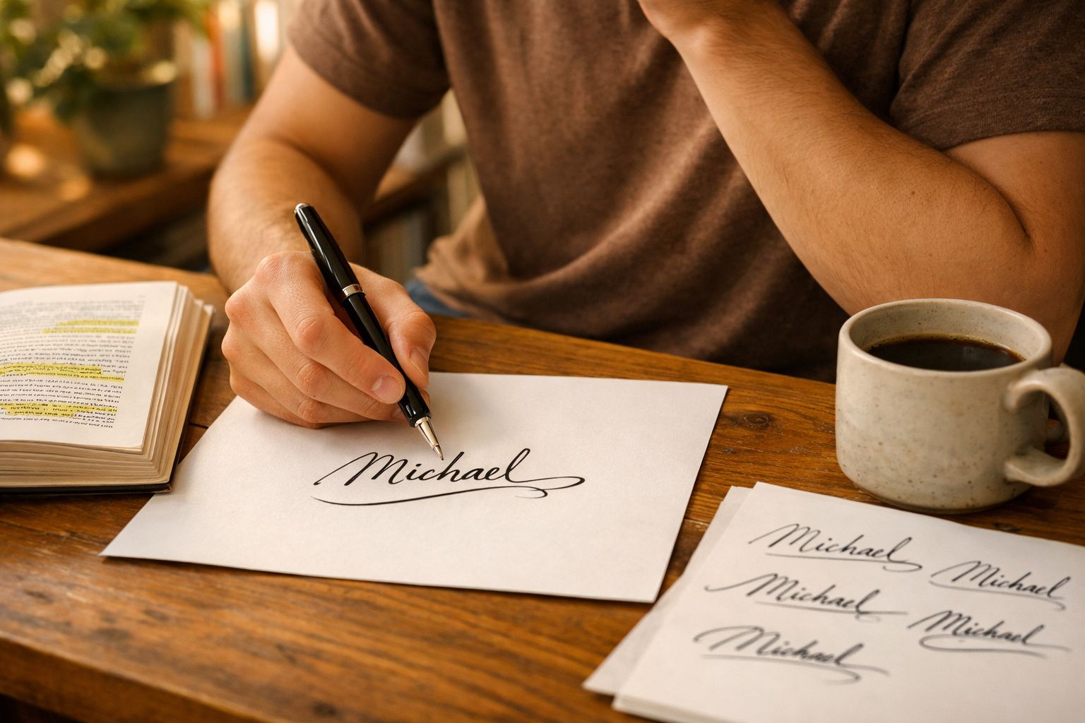 Pessoa a escrever a palavra "Michael" com caneta preta num papel branco numa mesa de madeira com café e cadernos.