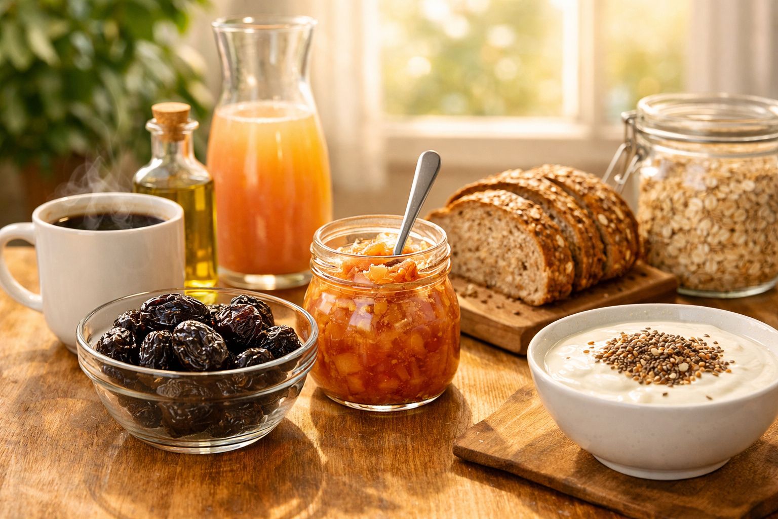 Mesa com pequeno-almoço saudável, incluindo chávena de café, marmelada, pão, iogurte, tâmaras e sumo.