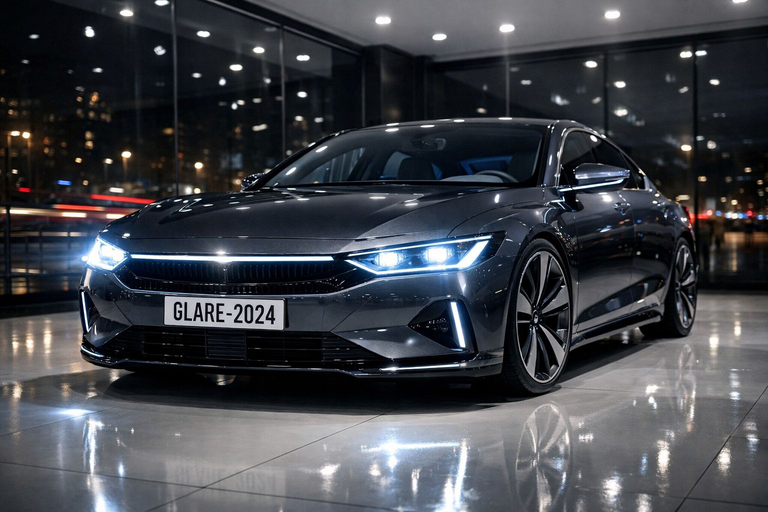 Carro desportivo cinza escuro com faróis acesos estacionado em showroom moderno à noite.