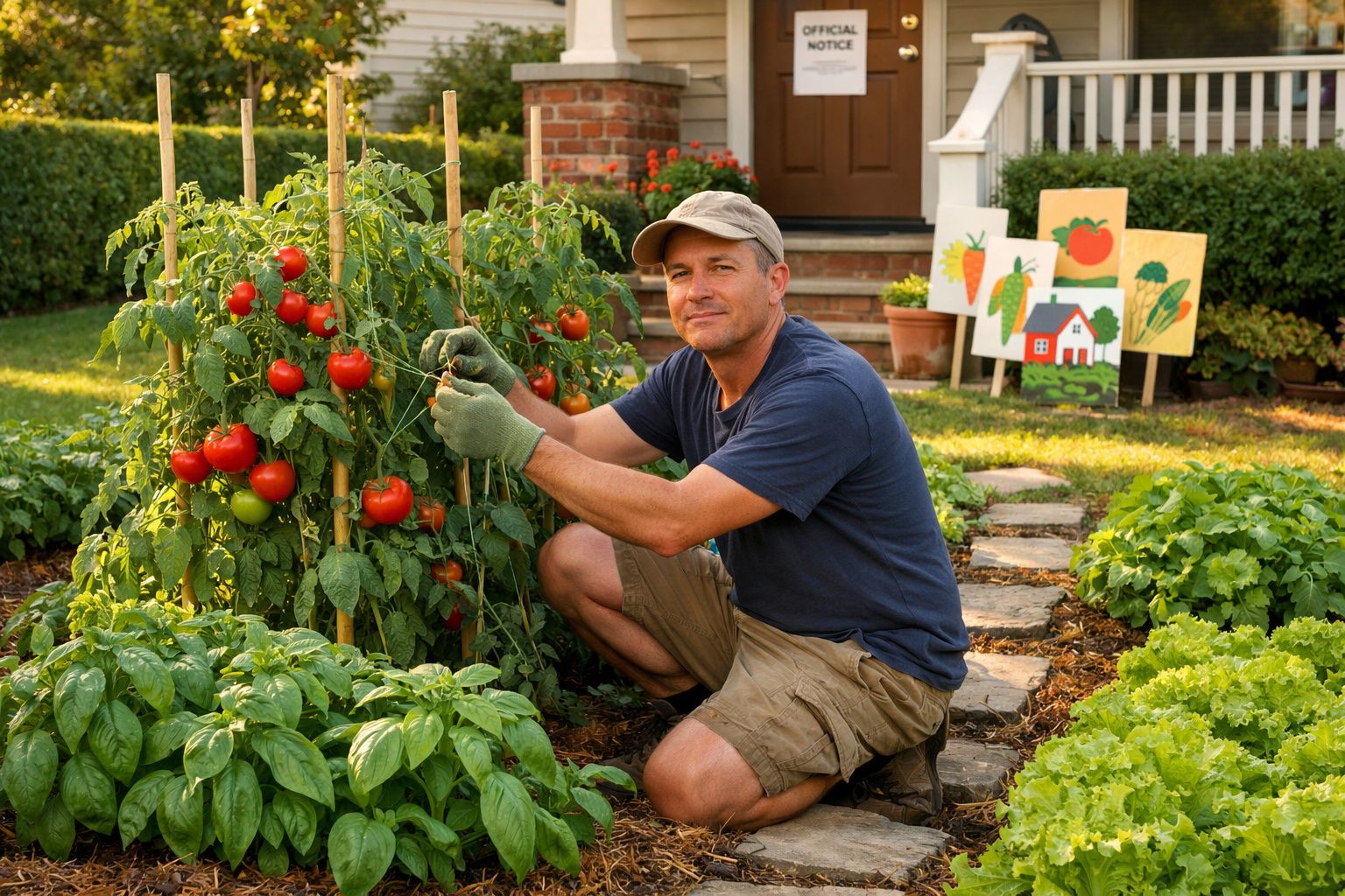 Homem a apanhar tomates numa horta caseira em frente a uma casa com placas coloridas de vegetais.