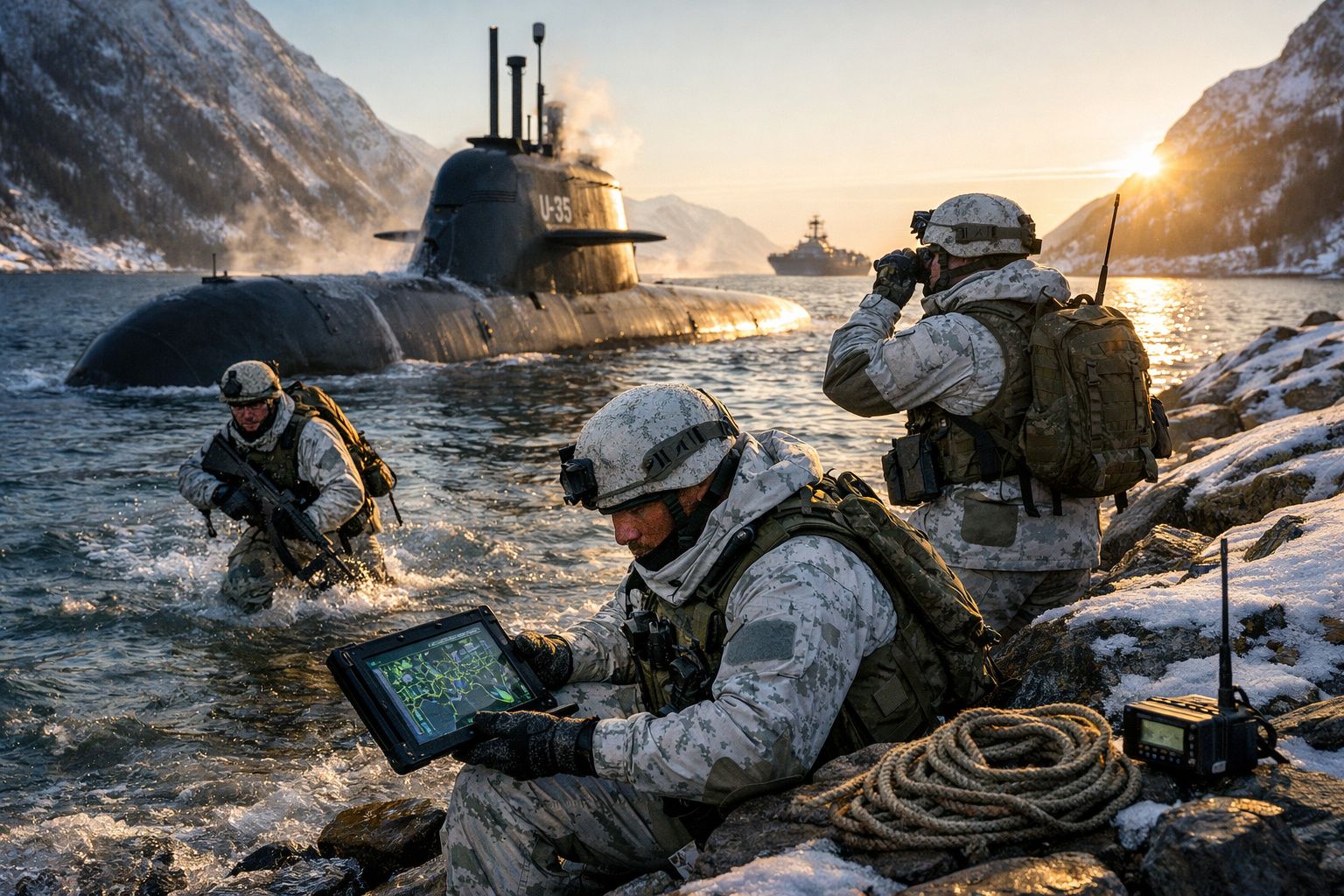 Soldados em uniforme de camuflagem branca operam junto a um submarino num fiorde nevado ao pôr do sol.