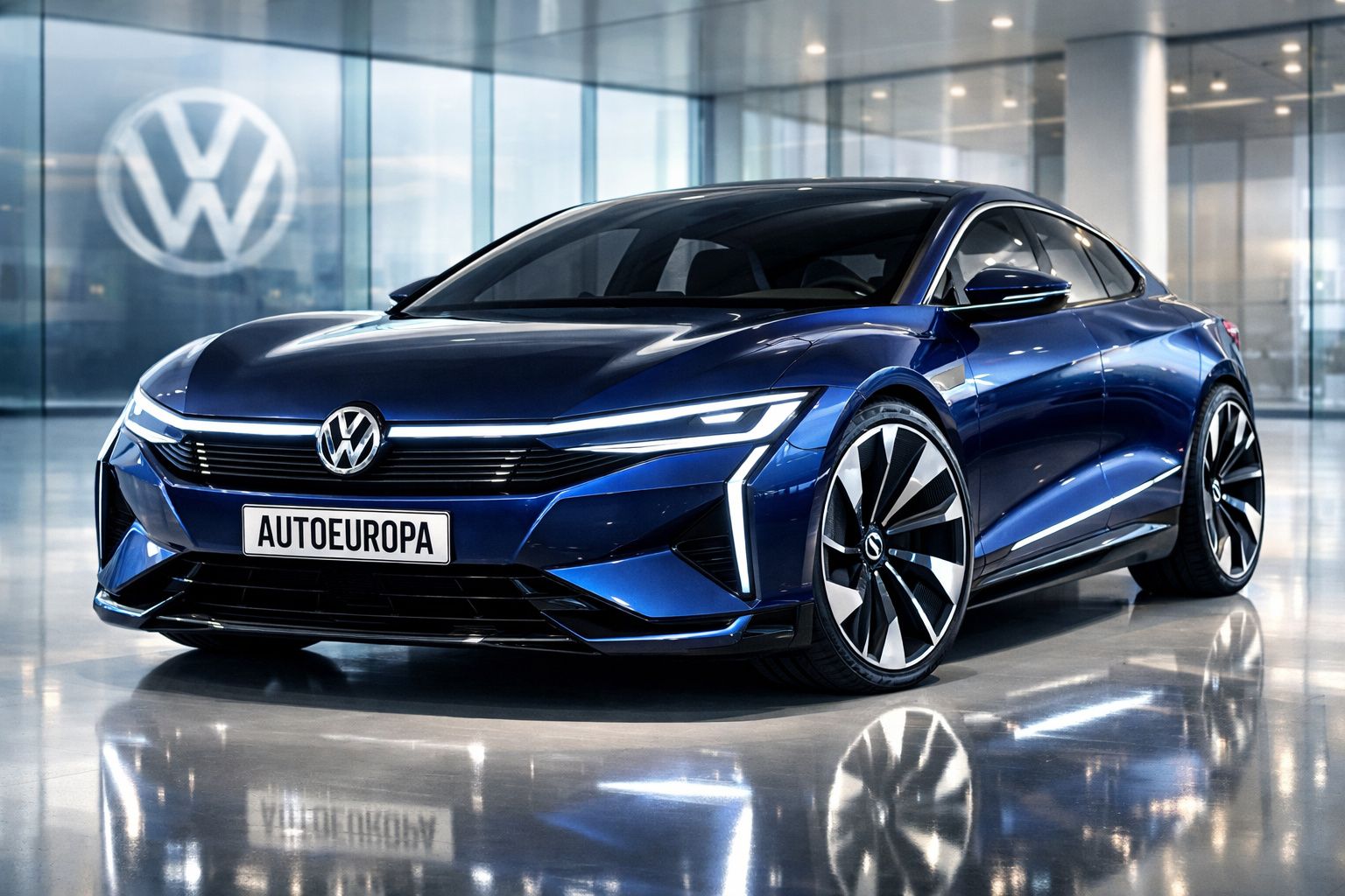 Carro elétrico Volkswagen azul metalizado estacionado em showroom moderno com reflexos no chão.
