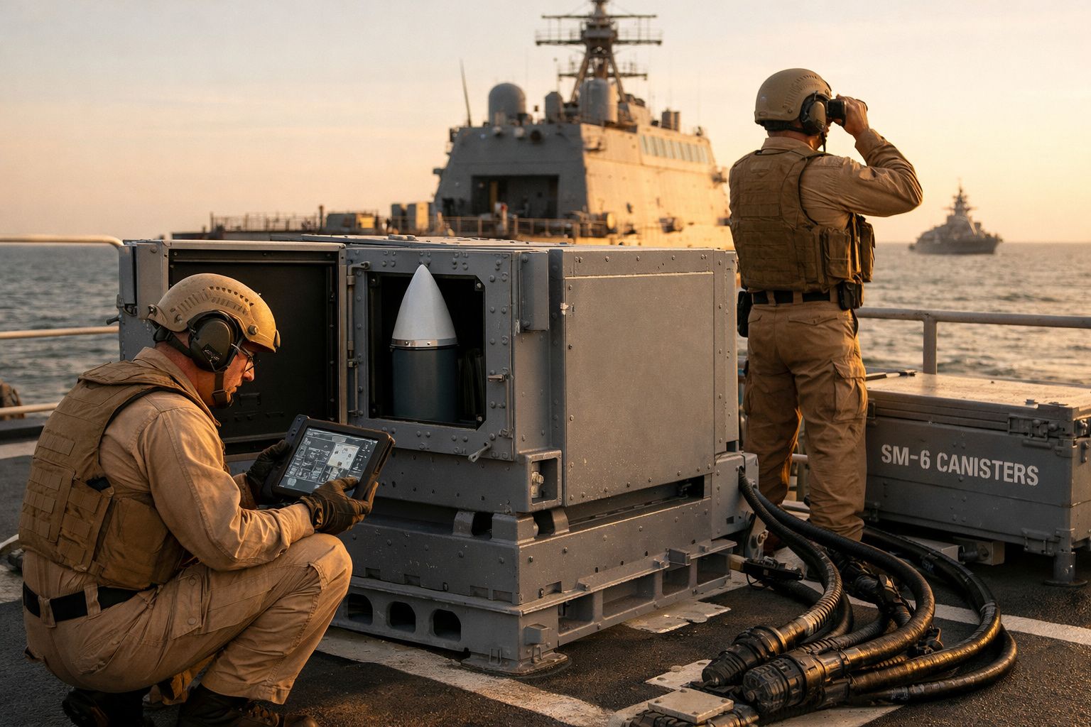 Dois militares em uniforme operacional numa embarcação naval com equipamento de mísseis e navios ao fundo.