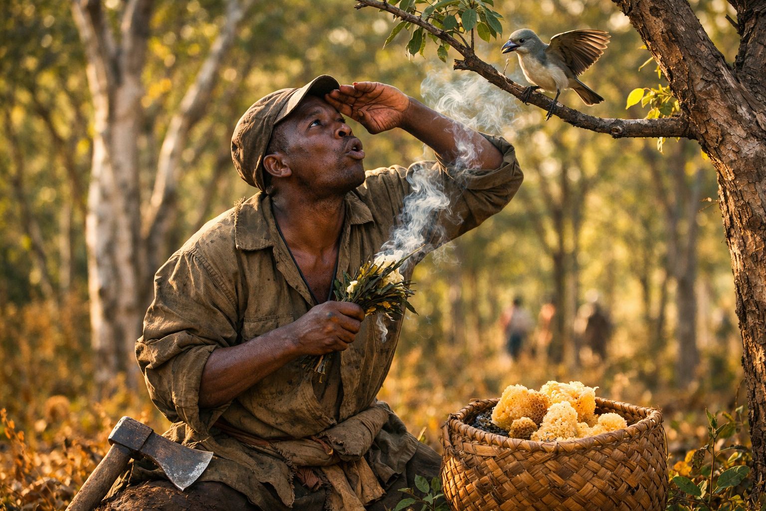 Homem a caçar abelhas com fumo, observando um pássaro numa árvore, com cesta de favo de mel ao lado.