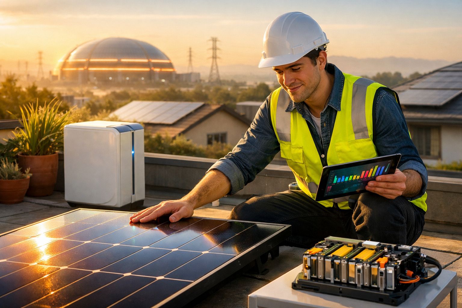 Técnico com capacete e colete verifica painel solar com tablet numa instalação solar ao pôr do sol.