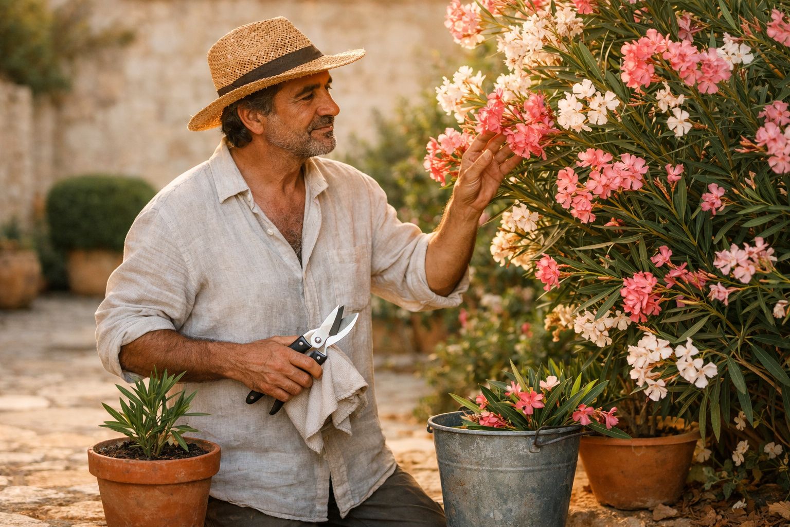 Homem a cuidar de flores cor-de-rosa e brancas num jardim, com tesoura de poda e chapéu de palha.