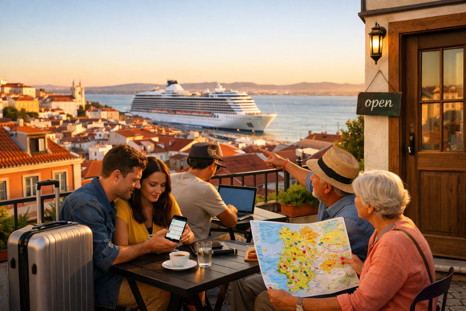 Grupo de pessoas a planear viagem numa esplanada com vista para um cruzeiro e o mar ao pôr do sol.