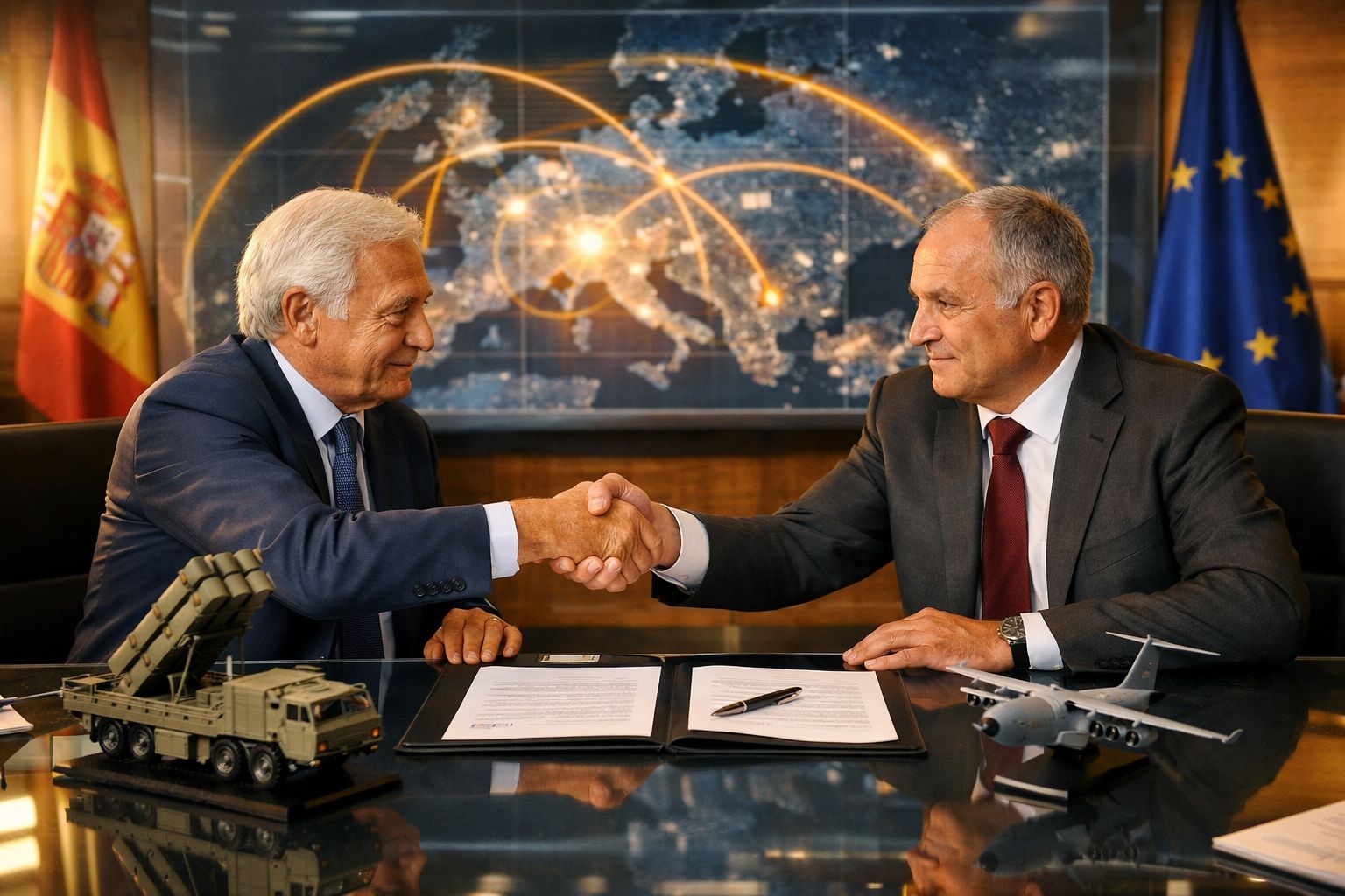 Dois homens de fato apertam as mãos numa mesa com modelos militares e documentos, bandeiras da Espanha e União Europeia ao fu