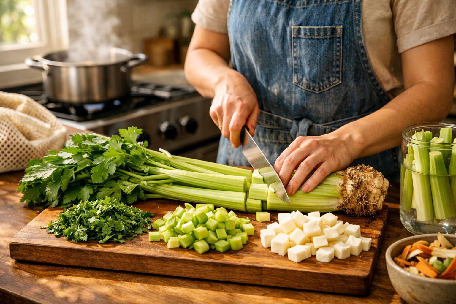 Pessoa a cortar aipo numa tábua de madeira, com vários pedaços de aipo e salsa cortados à frente.