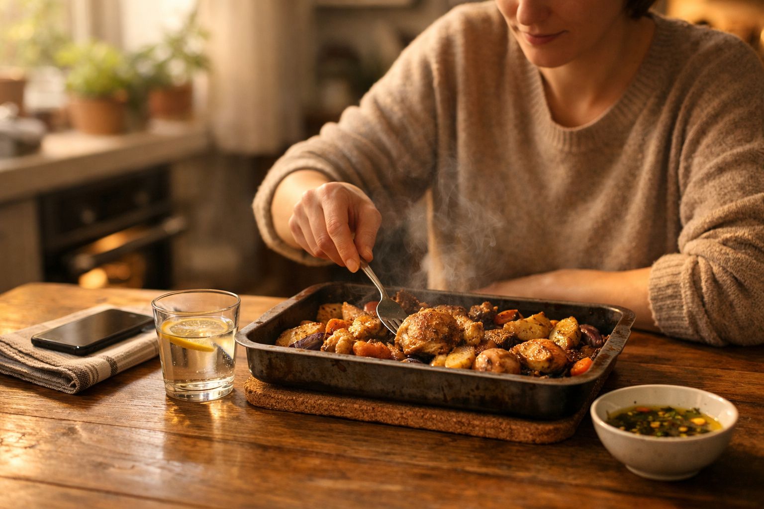Pessoa a provar frango assado com legumes numa tabuleiro, com copo de água e smartphone na mesa.