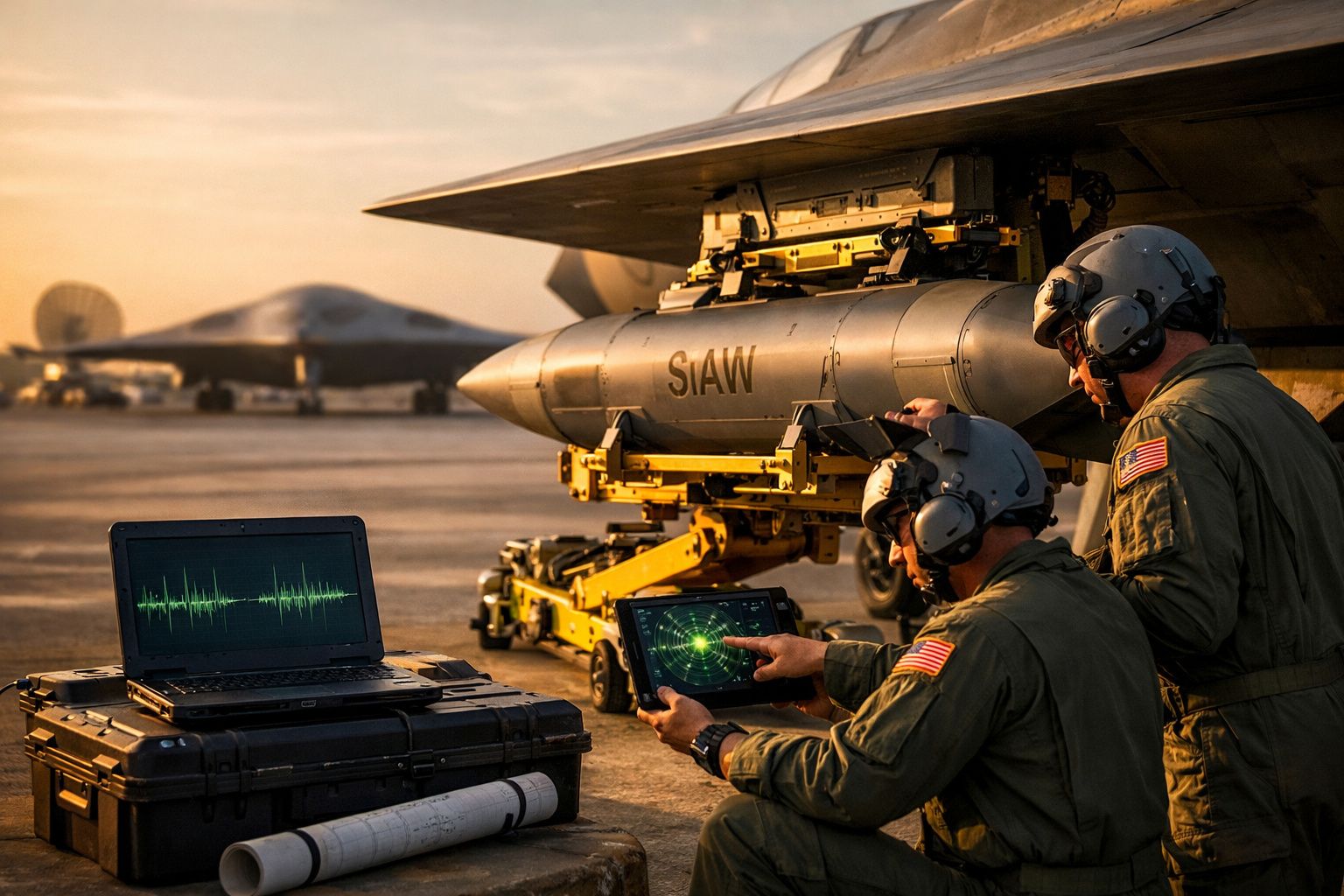 Dois militares com capacetes trabalham num equipamento digital junto a um avião militar numa base aérea ao pôr do sol.