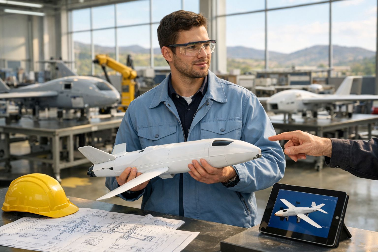 Engenheiro segura modelo de avião no laboratório, com capacete amarelo e planta na mesa e tablet ao lado.