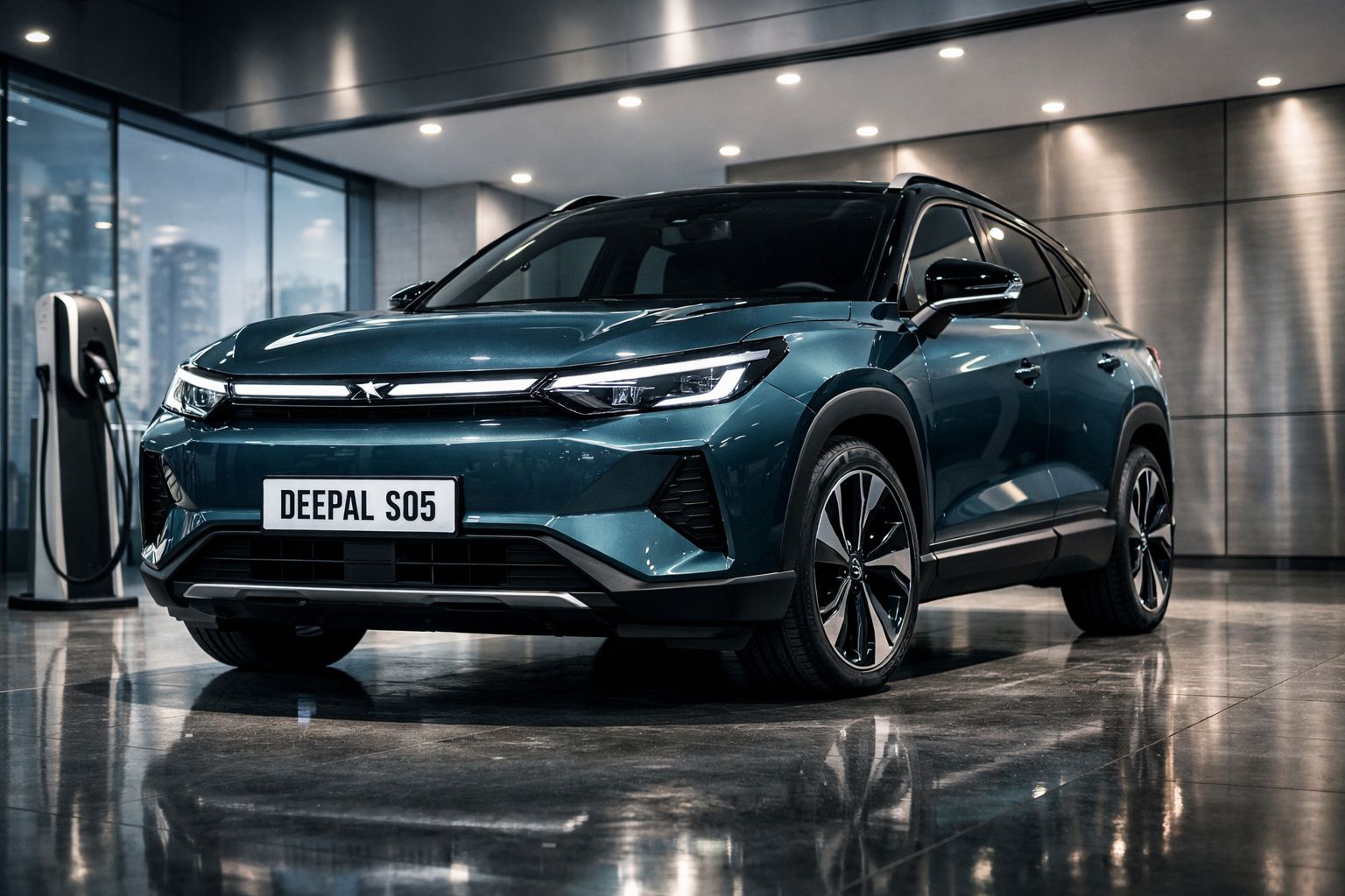 Carro elétrico azul metálico Deepal S05 estacionado em interior moderno junto a posto de carregamento.