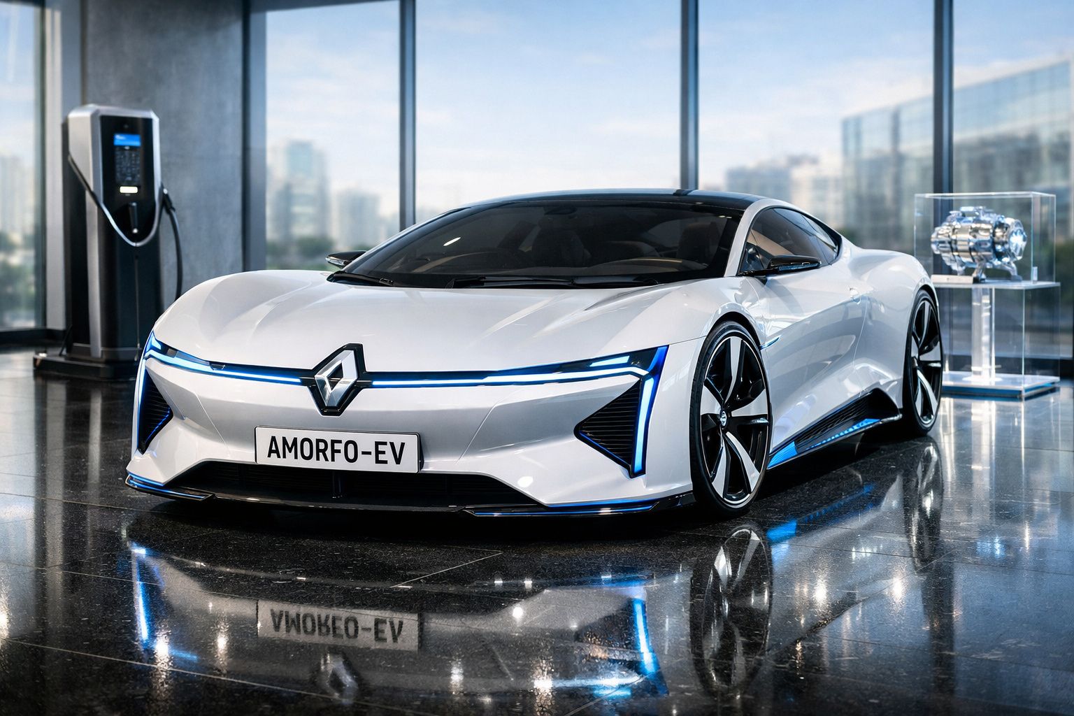 Carro elétrico desportivo branco da Renault, modelo AMORFO-EV, em exposição com posto de carregamento ao fundo.