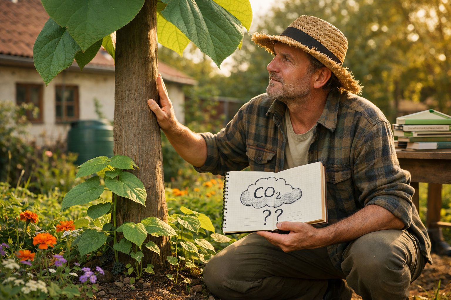 Homem com chapéu de palha examina árvore e segura caderno com desenho de CO2 num jardim.