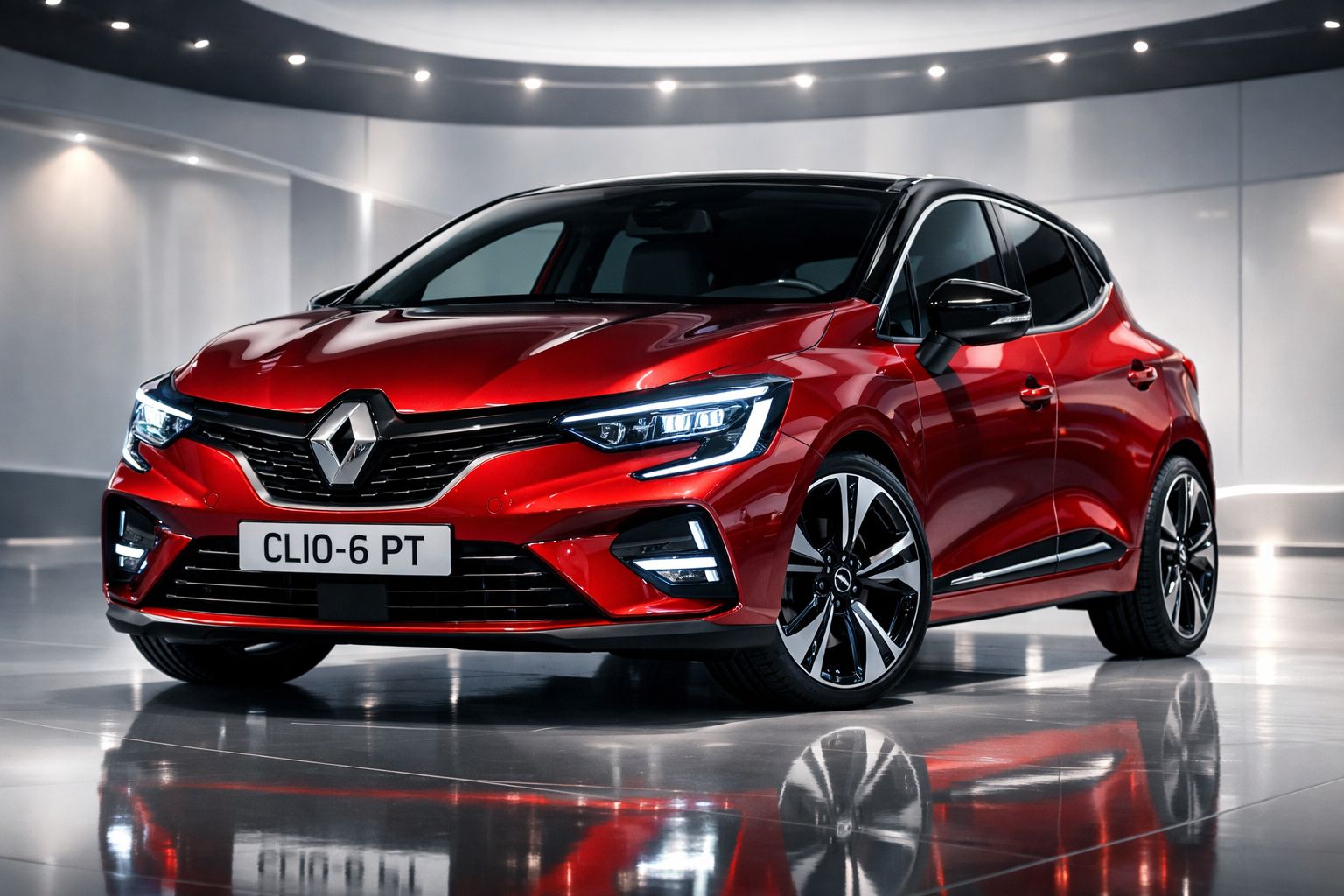 Carro compacto Renault Clio vermelho com faróis dianteiros LED, em showroom moderno e iluminado.