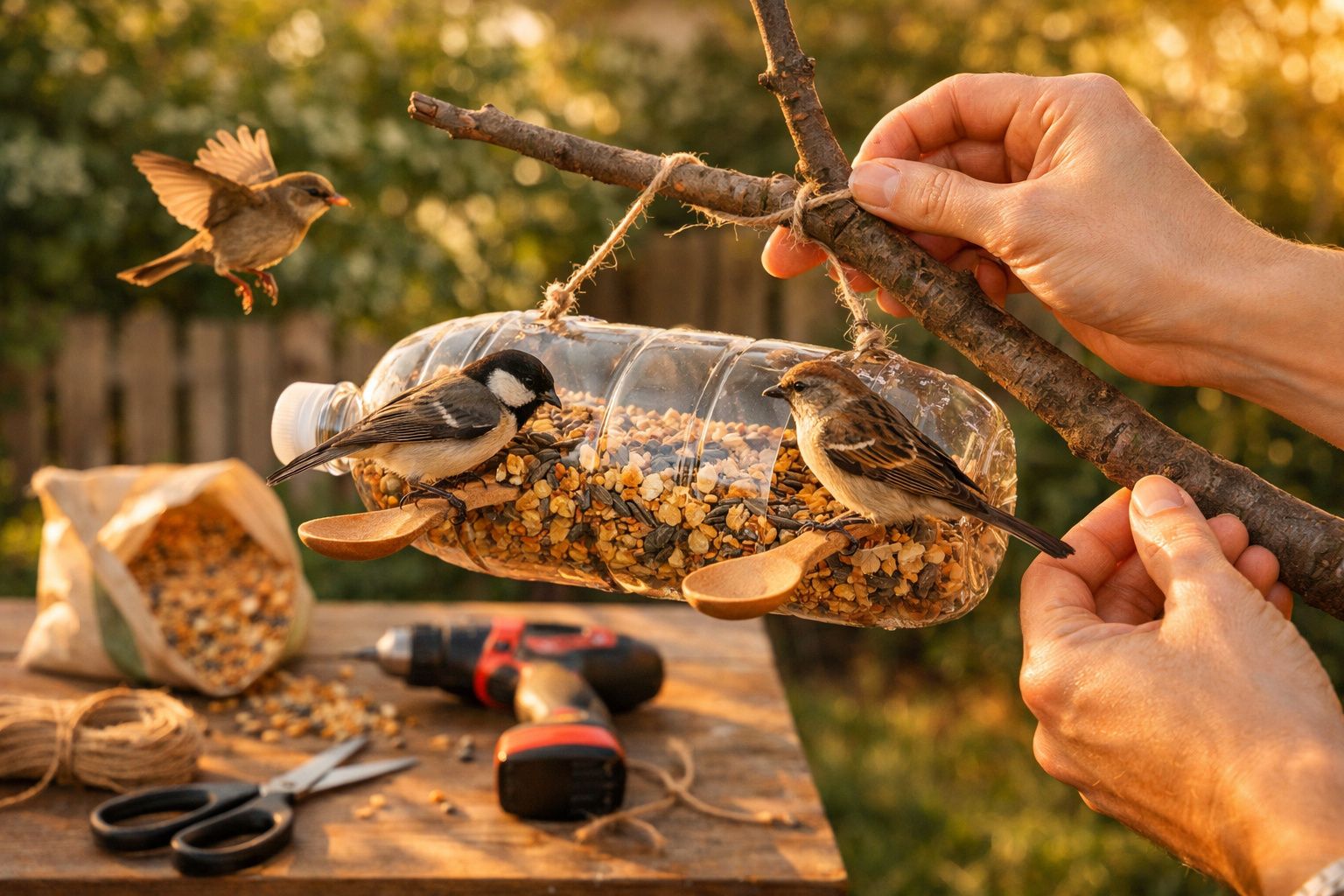 Mãos penduram comedouro feito com garrafa plástica e pássaros a alimentarem-se em ambiente exterior.